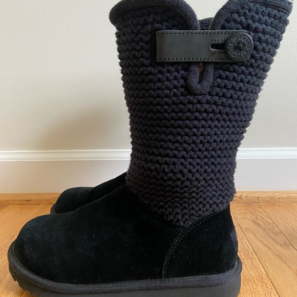 UGG Shaina Boots Women's 7 Black Suede Knit Cuff Lined Winter Snow Shearling EUC - Picture 6 of 13